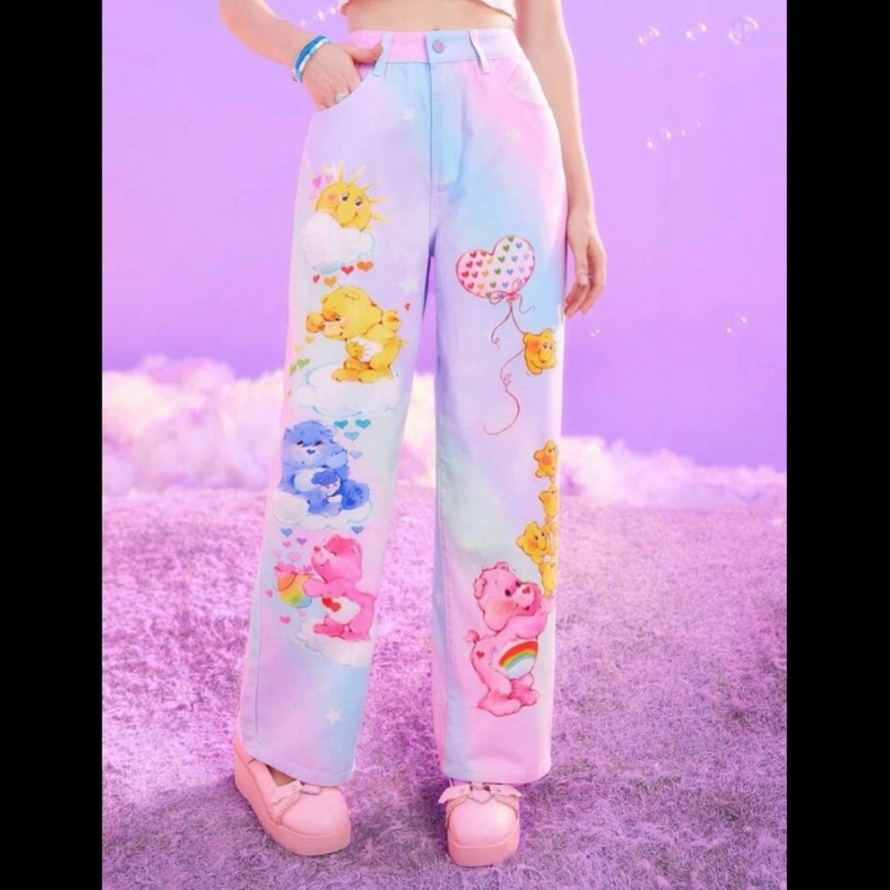 Watercolor Wide Leg Denim Jeans Care Bears Large Whimsigoth Kidcore Rainbow